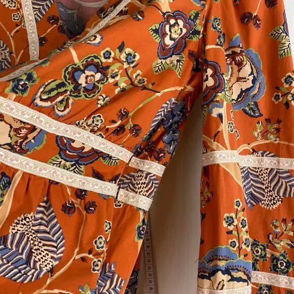 Spartina 449 Marcelle Blouse Floral Tree of Life Tomato Orange Size Medium Top - Picture 10 of 15